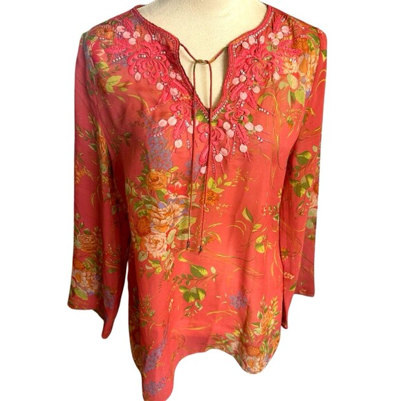 CAbi Womens Silk Floral Embroidered Embellished Coral Tie Neck Sheer Top… - Picture 1 of 9